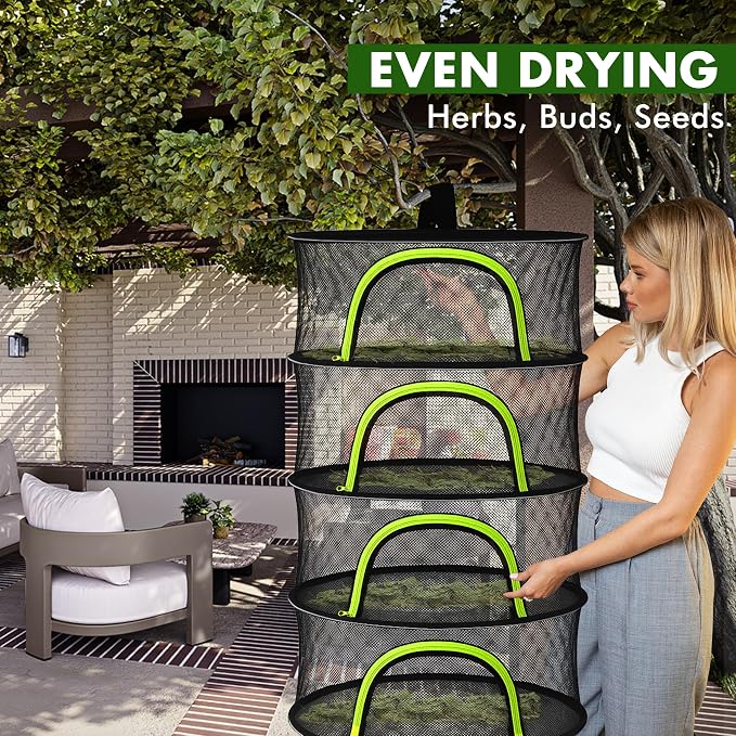 Herb Drying Rack Hanging Mesh 4 Layer 24" with Zipper, Garden Pruning Shear, Hook & Carabiner Clip for Drying Herbs, Plants, Seeds, Buds | Hydroponics & Grow Tents Herb Dryer Hanging Rack