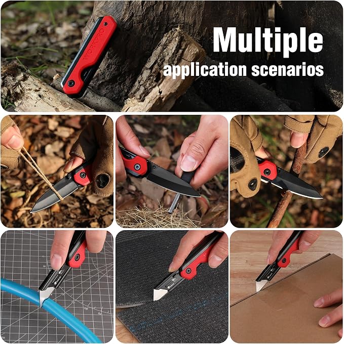 WORKPRO 2-in-1 Folding Knife/Utility Knife, Wood Handle, Red G10 Handle | Quick-Change Box Cutter, Liner Lock, Belt Clip, 10 SK5 Blades, Carton Cutting, Camping, Hiking, DIY Projects