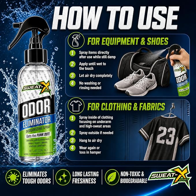SWEATX Odor Eliminator Spray for Shoes and Clothes, Active Fresh, 8 fl oz | Certified Asthma and Allergy Friendly, Hypoallergenic and Unscented, Gentle on Sensitive Skin, For Activewear and Everyday