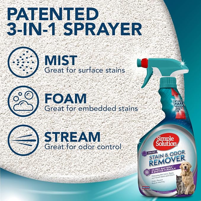 Simple Solution Pet Stain & Odor Remover, Enzyme Stain Cleaner, 32oz | Dog Stain & Odor Remover, Pet Urine Enzyme Cleaner, Dog Urine Carpet Cleaner, Pet Odor Eliminator, Floral Fresh Scent