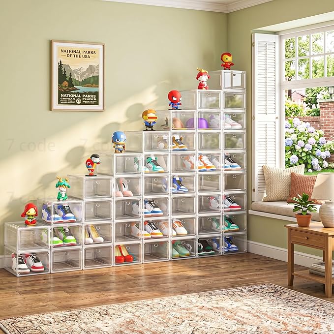 7 code Shoe Organizer, Clear Thickened Stackable Shoe Boxes with Magnetic Door, Collapsible Closet Storage Rack for Sneakers & Boots, 6 Pack White, Virgin Material, Not Recycled Plastic for Household | Thick Plastic Shoe Storage for Sneakers & Boots, C...