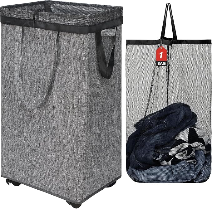 DOKEHOM 90L X-Large Rolling Laundry Basket Hamper on Wheels, Grey | Collapsible clothes hamper with removable mesh wash bag. High-capacity foldable washing bin organizer