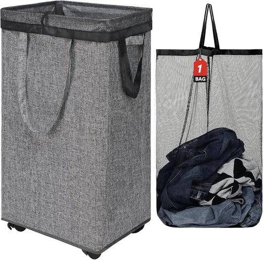DOKEHOM 90L X-Large Rolling Laundry Basket Hamper on Wheels, Grey | Collapsible clothes hamper with removable mesh wash bag. High-capacity foldable washing bin organizer