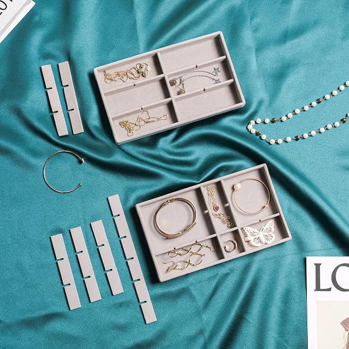 Frebeauty Jewelry Trays for Drawer,Set of 4 Jewelry Organizer and Storage | Velvet Material,Earring Holder Organizer,Stackable Jewelry Display for Vanity,Drawer Inserts for Rings,Studs,8.3×4.9 inch