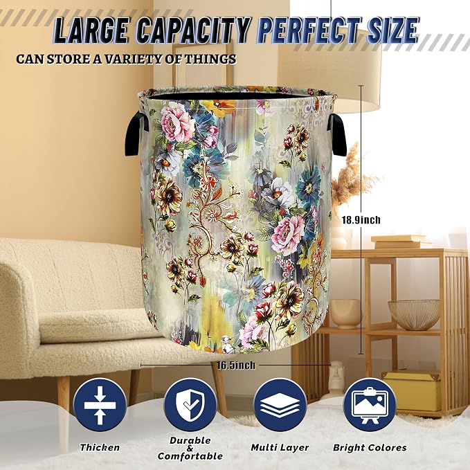 Beautiful Floral Laundry Basket Oxford Cloth Hamper 18.9"x16.5" | Colorful Flower Laundry Hamper With Handle Foldable Clothes Storage Funny Laundry Bag For Laundry Room/Bedroom/Bathrooms