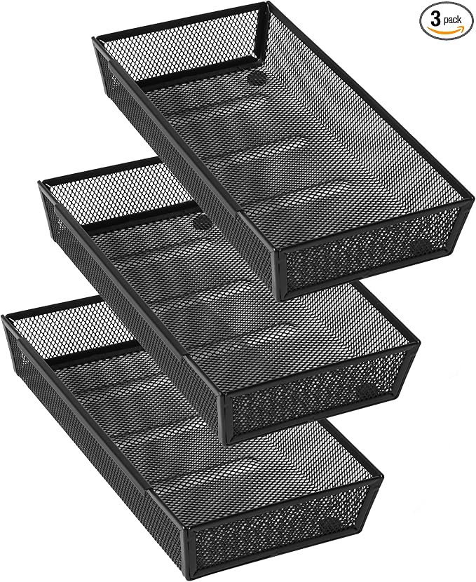 Mesh Tray Silverware Drawer Organizer, Utensil Cutlery Tray Office Supplies with Interlocking Arm Drawer Dividers Organizer for Flatware, Knives,Home,Office, School,Bedroom 12X6'' Black