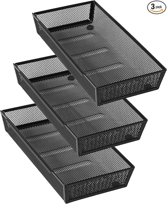 Mesh Tray Silverware Drawer Organizer, Utensil Cutlery Tray Office Supplies with Interlocking Arm Drawer Dividers Organizer for Flatware, Knives,Home,Office, School,Bedroom 12X6'' Black
