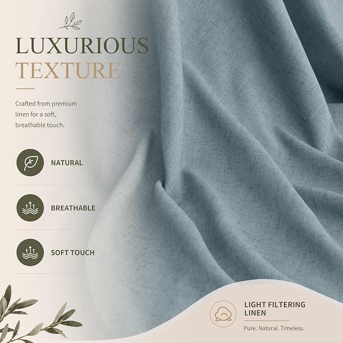 Hokibero Blue Linen Curtains 96 Inches Long Drape for Living Room 2 Panels | Light Filtering Sheer Curtain, Back Tab Rod Pocket Pleated Look, Dusty Blue Privacy Drapes for Bedroom Window, Boho Farmhouse