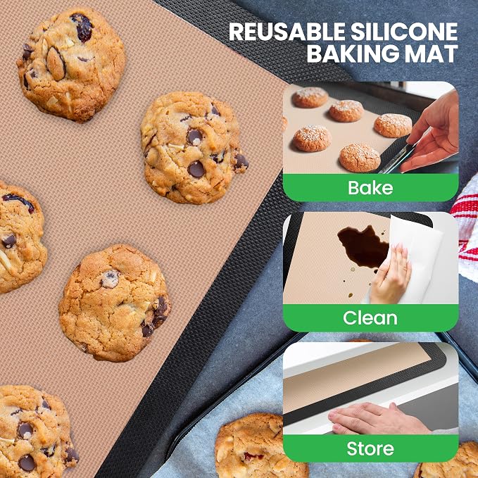 Nutrichef Silicone Baking Mats | 2 Non-stick Food-Grade Silicone Mats | Perfect for Full Baking Pans 24.4 x 16.5 IN | Oven-safe Up to 480 Degrees F | Suitable for Ovens, Freezers & Dishwashers | Black