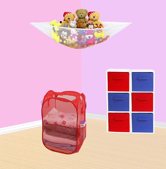Simple Houseware Mesh Pop-Up Laundry Hamper with Side Pocket, 2 Pack, Red