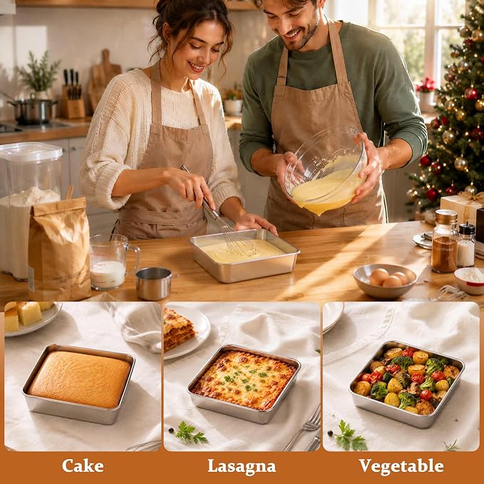 LIANYU 6 x 6 Inch Square Cake Pans with Lids, 2 Inch Deep Stainless Steel Lasagna Brownie Pan, Healthy Non-Toxic Bakeware, Dishwasher Safe (2 Pan +2 Lid)