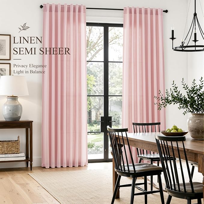 Hokibero Pink Linen Curtains 108 Inches Long Drape for Living Room 2 Panels | Light Filtering Semi Sheer Curtain, Back Tab Rod Pocket Pleated Look, Pink Drapes for Bedroom Nursery Privacy, Boho Farmhouse