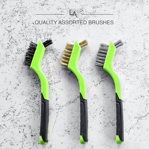 Wire Brush Set 3Pcs - Nylon/Brass/Stainless Steel Bristles with Curved Handle Grip for Rust, Dirt & Paint Scrubbing with Deep Cleaning – 7 Inches (Green)