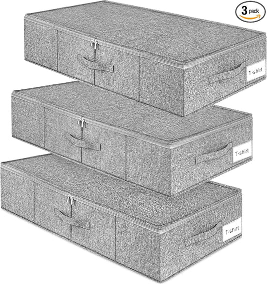 punemi Under Bed Storage, 3 Pack Underbed Storage Container Bags With Lid, Foldable Sturdy Clothes Storage Drawer Organizer W/ 3 Handles, Ultra Thick Fabric Blanket Shoe Storage Box, Grey | Rigid Sides & Bottom, 50L Large Capacity for Evening Gowns & H...