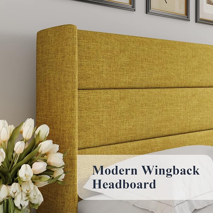Allewie King Size Lift Up Hydraulic Storage Bed Frame Olive Yellow | Modern Wingback Headboard, Hydraulic Support Storage, No Box Spring Needed