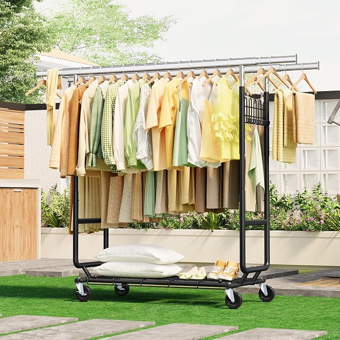 Gewudraw Clothes Rack Heavy Duty Load 900 Lbs With Wheels, Double Rod,Black | Rolling Clothing Rack, Adjustable Height, Extendable Rod, Portable, Collapsible, Shelf, Hooks,for Wardrobe,Bedroom,Commercial