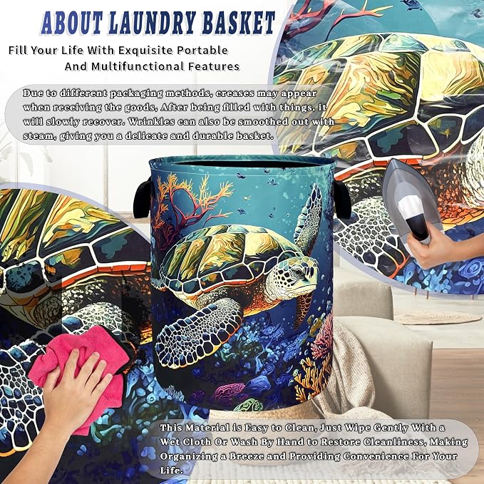 Sea Turtle Laundry Basket Oxford Cloth Colorful Ocean Animal Turtles Laundry Hamper With Handle Foldable Portable Clothes Storage Basket Laundry Bag 18.9"x16.5" For Laundry Room/Bedroom/Bathrooms