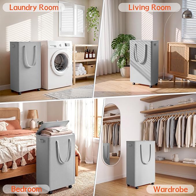 Slim Laundry Hamper with Wheels,20 Gal (75L) Rolling Laundry Basket with lid and wheels Clothes Hamper Foldable Tall Dirty Clothes Basket Sturdy Collapsible Clothes Hamper for Dorm,Laundry Room