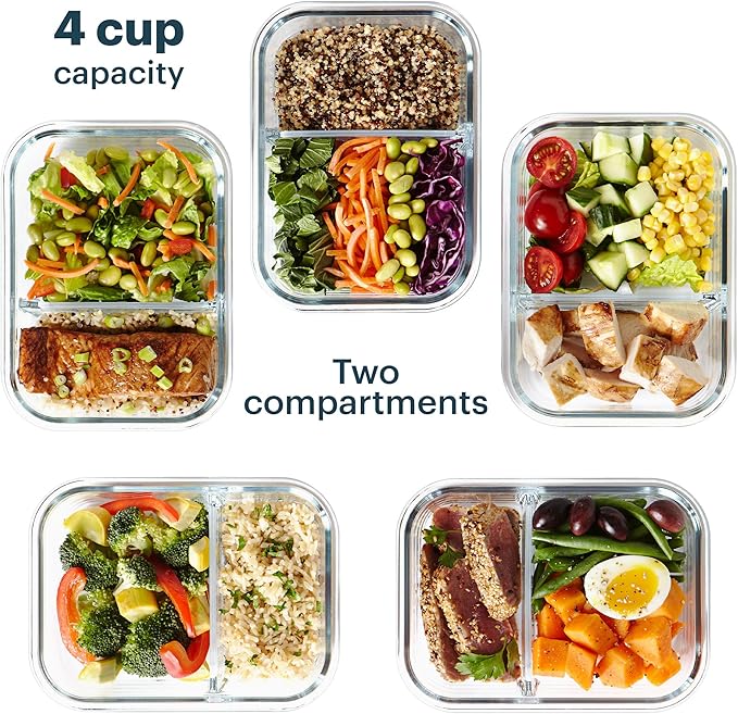 Pyrex Glass Meal Box (5-Pack, 4 Cup) Divided Compartments with Locking Lids, For Meal Prepping and Portioning, BPA Free Microwave Dishwasher Safe