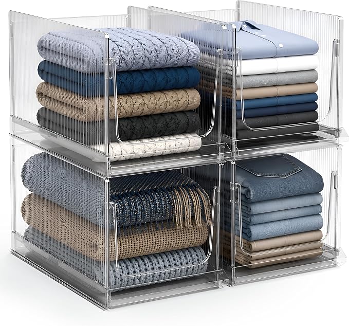 Sorbus Stackable Storage Bins 4 Pack – Extra Large Clear Closet Organizers and Storage, Foldable Shelf Organizer Baskets for Clothes, Towels, Garage Shelving