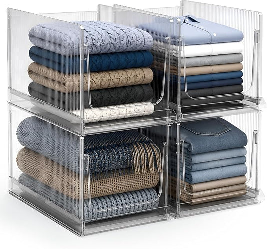 Sorbus Stackable Storage Bins 4 Pack – Extra Large Clear Closet Organizers and Storage, Foldable Shelf Organizer Baskets for Clothes, Towels, Garage Shelving