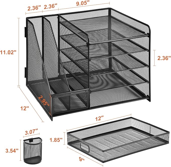 Marbrasse Desk Organizer with File Holder, 5-Tier Paper Letter Tray Organizer with Drawer and 2 Pen Holder, Mesh Desktop Organizer and Storage with Magazine Holder for Office Supplies(Black)