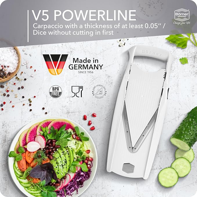 Börner Mandoline Slicer V5 (Professional Set) • Adjustable Vegetable Slicer (7-piece) • 10 Cutting Styles • Kitchen Slicer incl. Docking Station • Stainless Steel V-Blade • Color: White