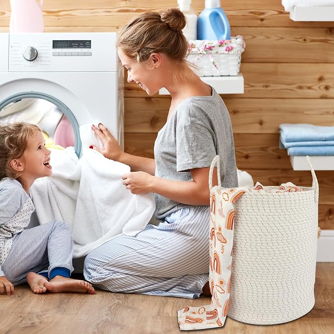 XUANGUO Cotton Rope Laundry Basket Hamper for Clothes, striped | Woven Storage Basket for Living Room Bedroom Boho Tall Rope Baskets for Blanket Toys Pillow Towels Baby Nursery Hamper Bin