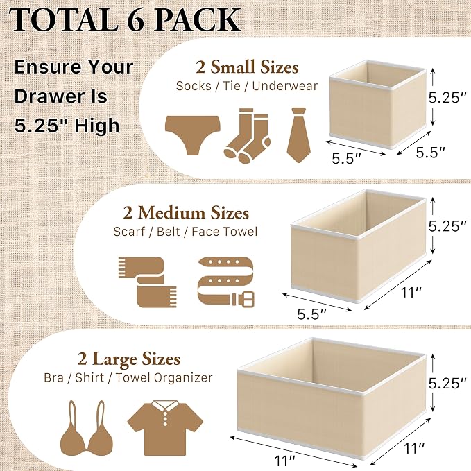 Simple Houseware Underwear Drawer Organizer, Set of 6, Beige | for Lingerie/Undergarment/Bra/Panty/Sock/Onesie