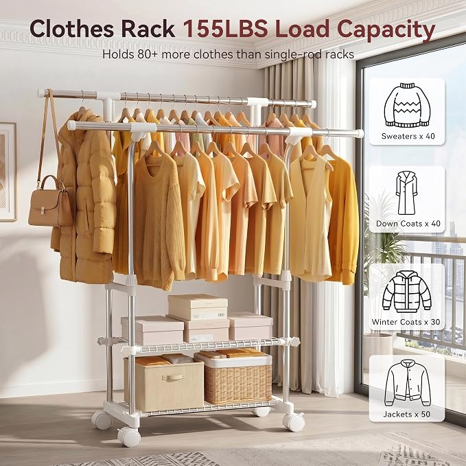 RORA Double Rod Clothes Rack, Clothing Rack with wheels, Extendable, Silver | Stainless Steel, Ideal for Bedroom & Laundry Room, Height-Adjustable, 2-Tier Shelves, Portable Garment Rack, Wardrobe Rack