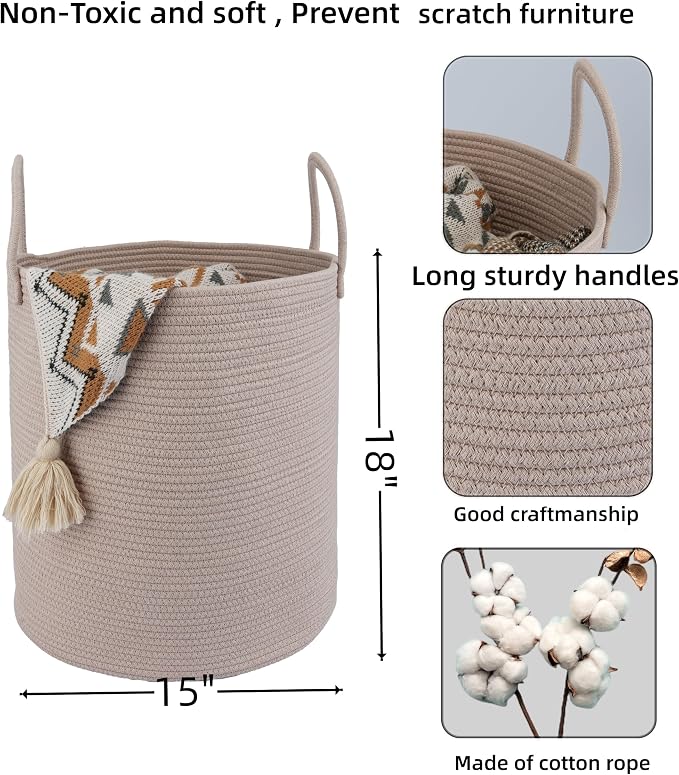 XUANGUO Cotton Rope Laundry Basket Hamper for Clothes, Konjac | Woven Storage Basket for Living Room Bedroom Boho Tall Rope Baskets for Blanket Toys Pillow Towels Baby Nursery Hamper Bin