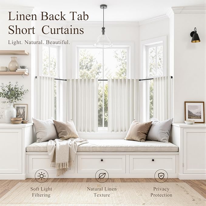Hokibero Natural Linen Cafe Curtains 45 Inches Long for Kitchen 2 Panels | Light Filtering Semi Sheer Curtain, Back Tab Pocket Pleated Look, Short Drapes for Living Room Bedroom Window, Boho Farmhouse