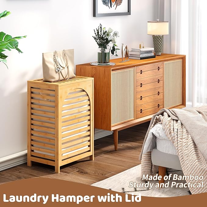 Laundry Hamper with Lid (16.9 * 13 * 26.5inches) Large Bamboo Laundry Bin Basket 85L Clothes Hamper with 1 Removable Bag Storage baskets for Bathroom(Natural)