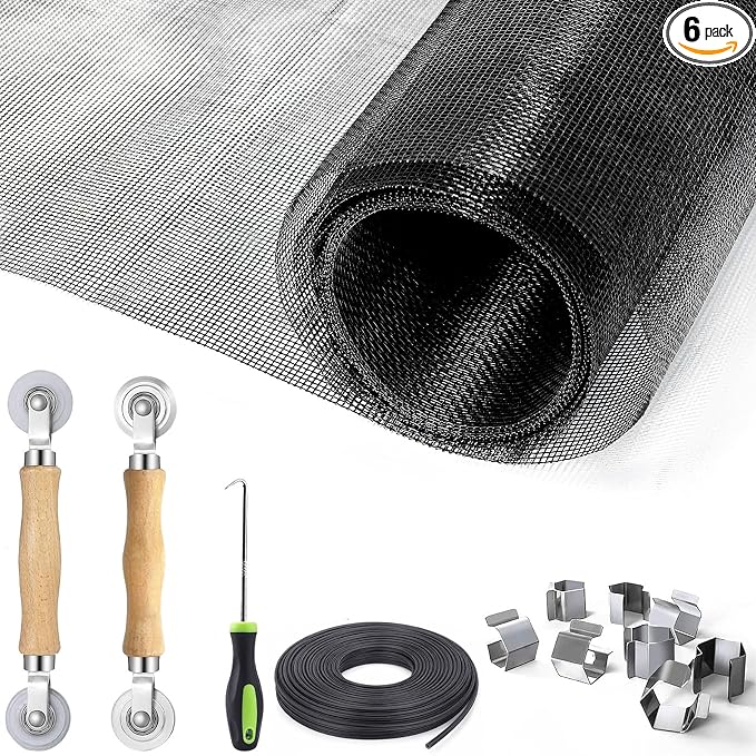 King&Charles Window Screen Replacement, 6in1 Window Screen Door Repair Kit | 59"x106" Black Screen Mesh, Steel/Nylon Bearing Roller, 0.14in x 50ft Spline, 8 Clips & Hook for Windows, Doors, Patio & RV