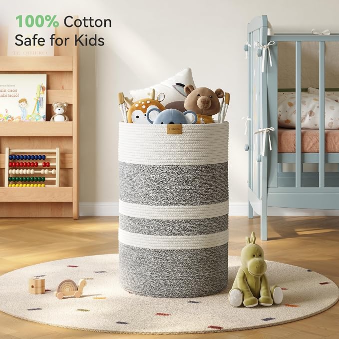 Nunsino 75L Striped Laundry Hamper with Leather Handles,Large Foldable Laundry Basket for Clothes,Cotton Rope Storage Bin for Blankets,Woven Clothes Basket for Bedroom,Gray Stripes