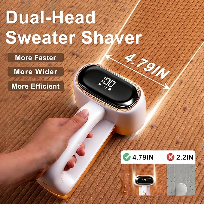 Fabric Shaver, Dual Head Lint Remover, LCD & 6-Blade, Rechargeable, White | rechargeable sweater defuzzer for clothes couch furniture upholstery pet hair pilling remover portable