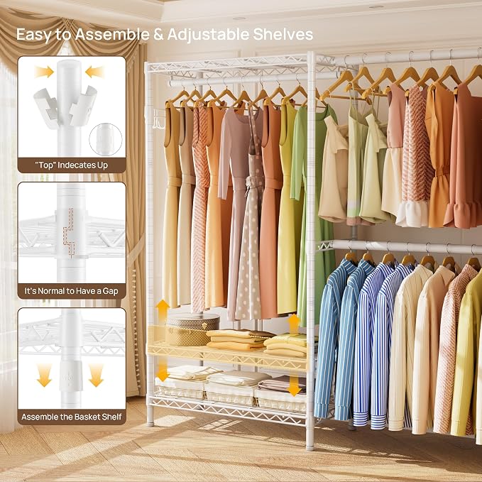 Golpart Heavy Duty Clothes Rack Metal Wardrobe with Adjustable Wire Shelves | Closet Organizers and Storage Clothing Rack Metal System Freestanding Hanging Clothes System Free Standing Garment Coat Racks