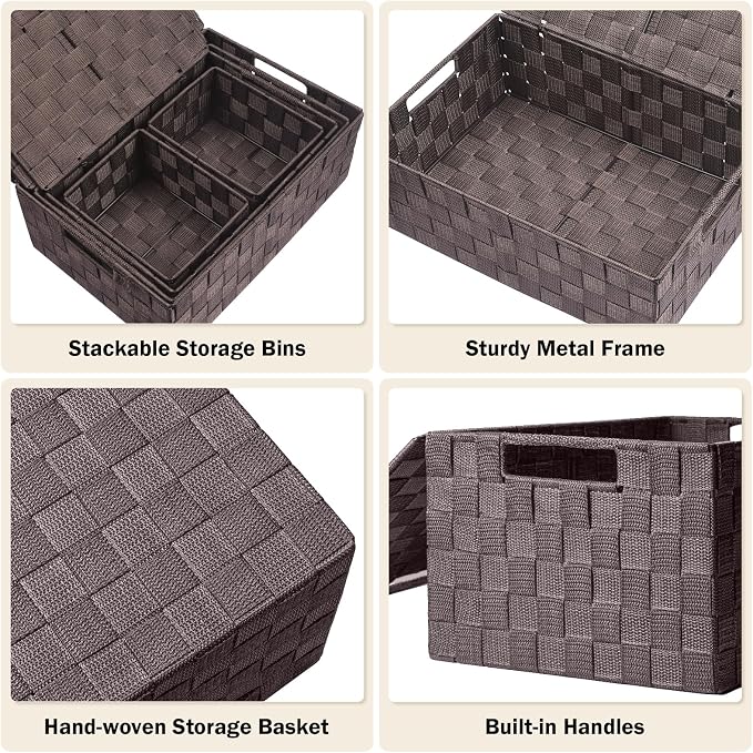 Storage Bins Baskets for Organizing with Lids, Storage Baskets for Shelves Stackable Woven Basket, Gift Small Basket Storage Cubes, Decorative Wicker Basket with Built-in Handles (5 Pack, Brown)
