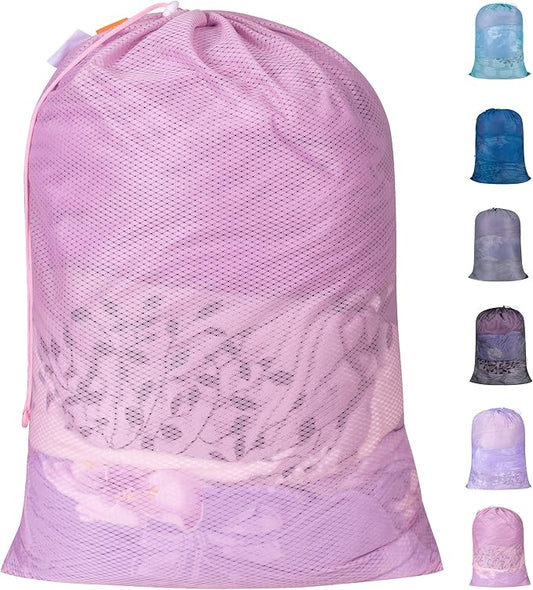 Heavy Duty Diamond Mesh Laundry Bag, 24x36", Pink | Drawstring & ID Tag, Breathable Mesh, Machine Washable, Commercial Grade, , For College Dorms, Travel, Sports Equipment