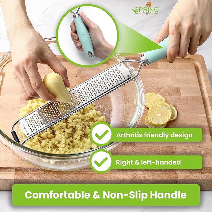 Spring Chef Stainless Steel Lemon Zester Grater with Handle - Garlic, Cheese, Parmesan, Nutmeg, Lime, Ginger Grater - Heavy Duty Kitchen Tool - Citrus Zester with Blade Cover - Fine Shred - Mint