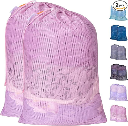 2 Pack Heavy Duty Diamond Mesh Laundry Bag, 24x36", Pink | Drawstring & ID Tag, Breathable Mesh, Machine Washable, Commercial Grade, , For College Dorms, Travel, Sports Equipment