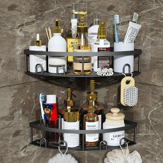 Corner Shower Caddy,Black-Stainless Steel,2 Pack | NEVER RUST Bathroom Shower Corner Shelves with Adhesive,Rustproof Shower Organizer,No Drilling