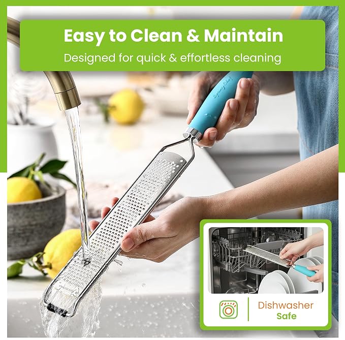 Spring Chef Stainless Steel Lemon Zester Grater with Handle - Garlic, Cheese, Parmesan, Nutmeg, Lime, Ginger Grater - Heavy Duty Kitchen Tool - Citrus Zester with Blade Cover - Fine Shred - Aqua Sky