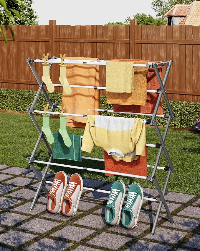APEXCHASER 3-Tier Foldable Clothes Drying Rack, 37.6" H, Grey/White | Rust-resistant Metal, Tool-free Assembly, Extendable Drying Hanger, Fold Flat to Easy Storage, 11.8" D x 35" W, Holds 24lbs
