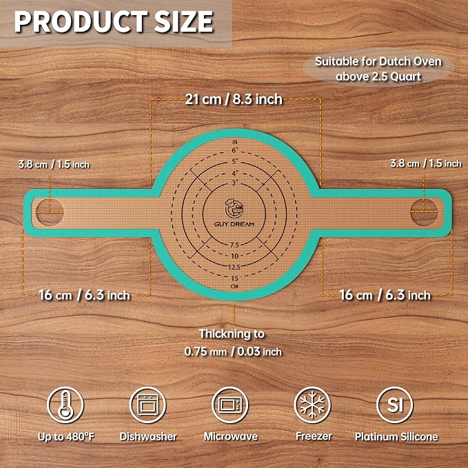GUYGUYDREMAT Bread Sling for Dutch Oven – Heavy-Duty Reusable Silicone Baking Mat with Finger-Loop Handles, Non-Stick Sourdough Bread Liner, Fits 8–9 Inch Baskets (2-Pack, Modern Teal)