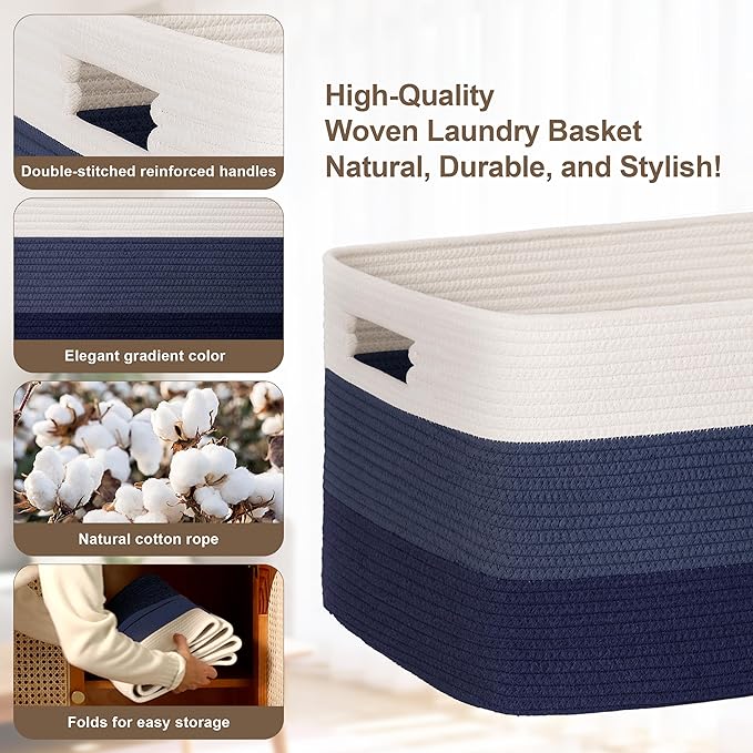 72L Large Woven Laundry Basket Hamper with Handles, Gradient Blue | collapsible wicker hamper, storage for dirty clothes, toys, blankets, gifts, living room, bedroom, bathroom, 22"x17"x12"