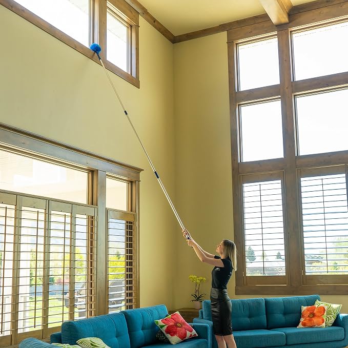 Cobweb Duster, Extendable Reach 20 feet, Ceiling Fan Duster | 3-Stage Aluminum Telescoping Pole | Medium Stiff Bristles | Long Handle Webster Duster for Cleaning | U.S Duster Co.