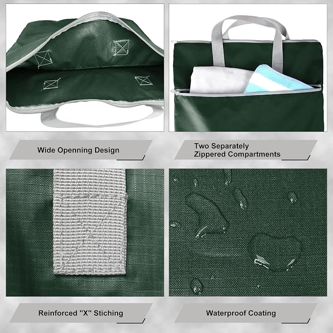 BeeGreen Dark Green Travel Laundry Bag with Srap & Zipper Pockets Hanging Laundry Hamper Heavy Duty Collapsible for Dirty Clothes College Dorm Gym Beach Pool Swimsuit