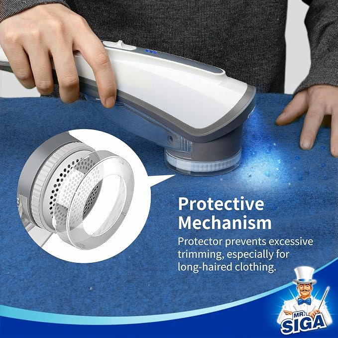 MR.SIGA Lint Remover Sweater Defuzzer with 2 Replaceable 6-Leaf Blades | Fabric shaver with 2 speeds, rechargeable electric lint fuzz remover with LED lights and 2 replaceable 6-leaf blades