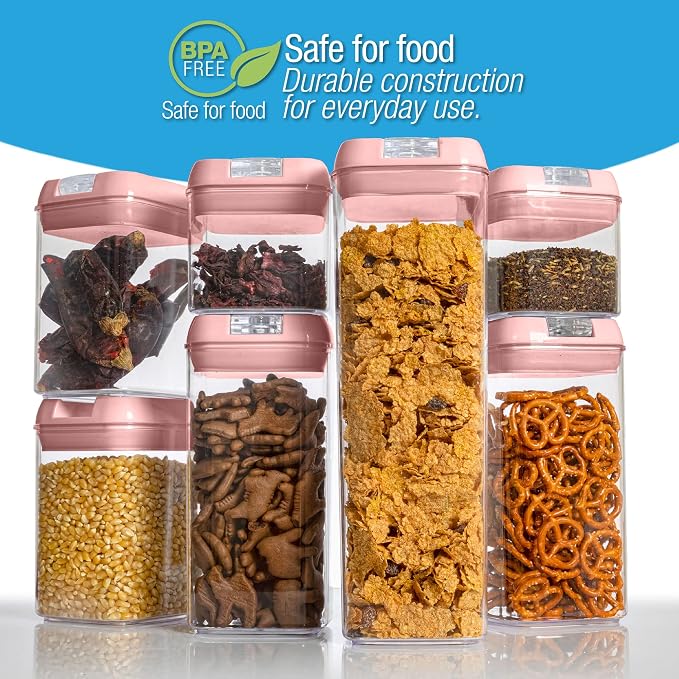 Set of 7 Airtight Food Storage Containers - Pantry Organizer Bins, BPA Free Plastic Containers plus Dry Erase Marker and Labels, Pink